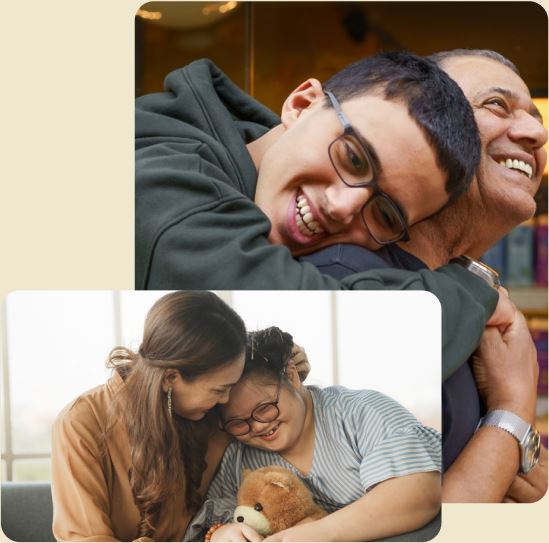 Two images: Top shows a person in glasses smiling with another person partially visible. Bottom shows two people embracing closely, one holding a teddy bear.